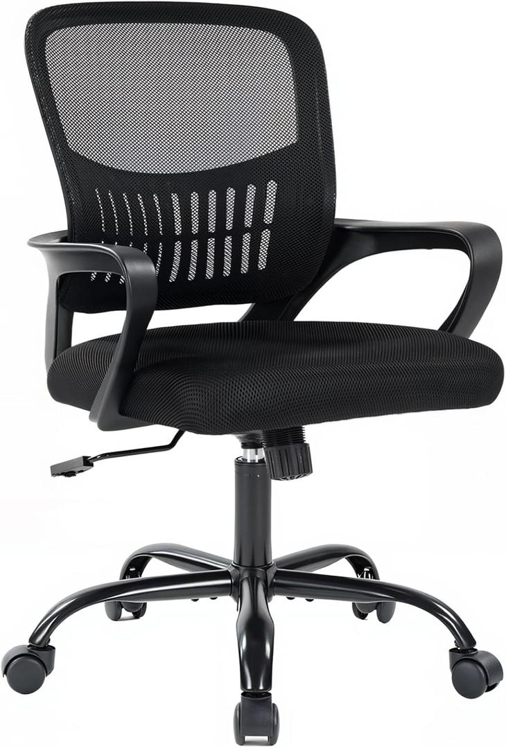 DUMOS Home Office Computer Chair - Ergonomic Mid Back Desk with Lumbar Support and Rocking Mode, Height Adjustable with Fixed Armrest, for Conference Meeting Room, 360 Swivel, Adults, Black
