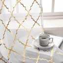 Kotile Gold and White Sheer Curtains 45 Inch Length 2 Panels Set Metallic Moroccan Ogee Print Sheer Kitchen Curtains, Rod Pocket Light Filtering Privacy Short Sheer Window Curtains, W52 x L45 Inch