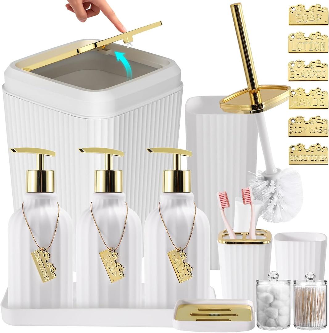 17PCS Bathroom Accessories Set, White Bathroom Set Bathroom Accessories Set with Trash Can, Toilet Brush, Toothbrush Holder, Qtip Holder & 3PCS Soap Dispenser