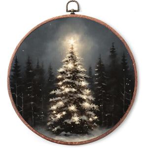 10" Christmas Vintage Round Wall Decor,Retro Framed Art,Christmas tree starlight Canvas Wall Art,Applies To Bedroom Living Room Increase the festive atmosphere Or As A Gift - A21