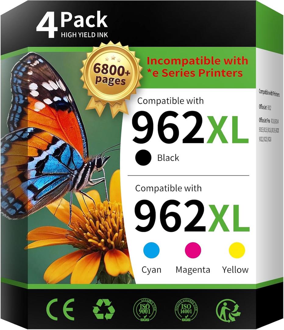 962XL Ink Cartridges Combo Pack Replacement for HP 962XL 962 Ink Cartridges, 962xl Black and 962 Color to Work for HP OfficeJet Pro 9010 9012 9014 9015 9016 9018 9020 9022 9025 Printer (BCMY, 4 Pack)