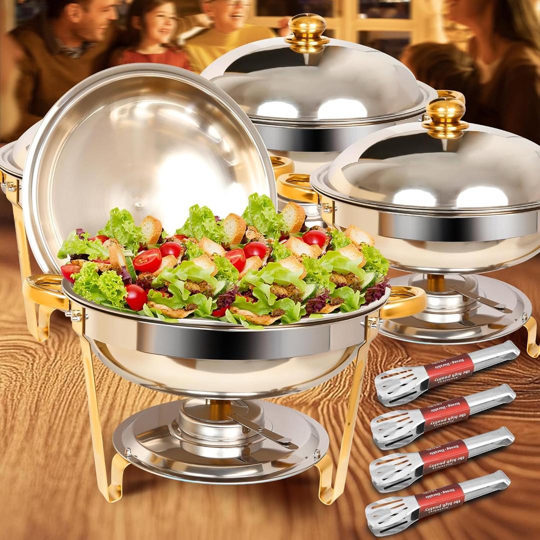 4 Pack 5QT Stainless Steel Chafing Dishes Set with Lids - Golden Style Heating & Cooling Buffet Serveware for Catering, Weddings, Parties