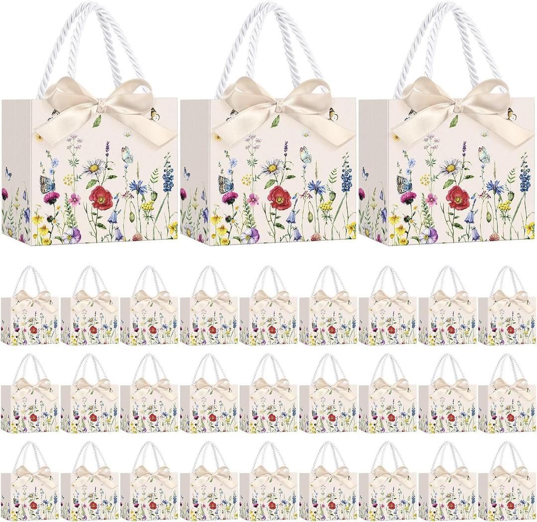 Moinchore 30 Pcs Wildflower Butterfly Paper Gift Bags Bulk 5.5 x 4.7 x 2.5 in Mini Flower Plant Favor Bags with Handles Bow Ribbon Wrap for Floral Birthday Home Wedding Bachelorette Tea Party Supplies