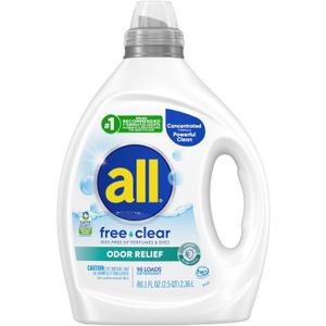 All Laundry Detergent Liquid, Free Clear for Sensitive Skin, Odor Relief, Unscented and Hypoallergenic, 2X Concentrated, 90 Loads