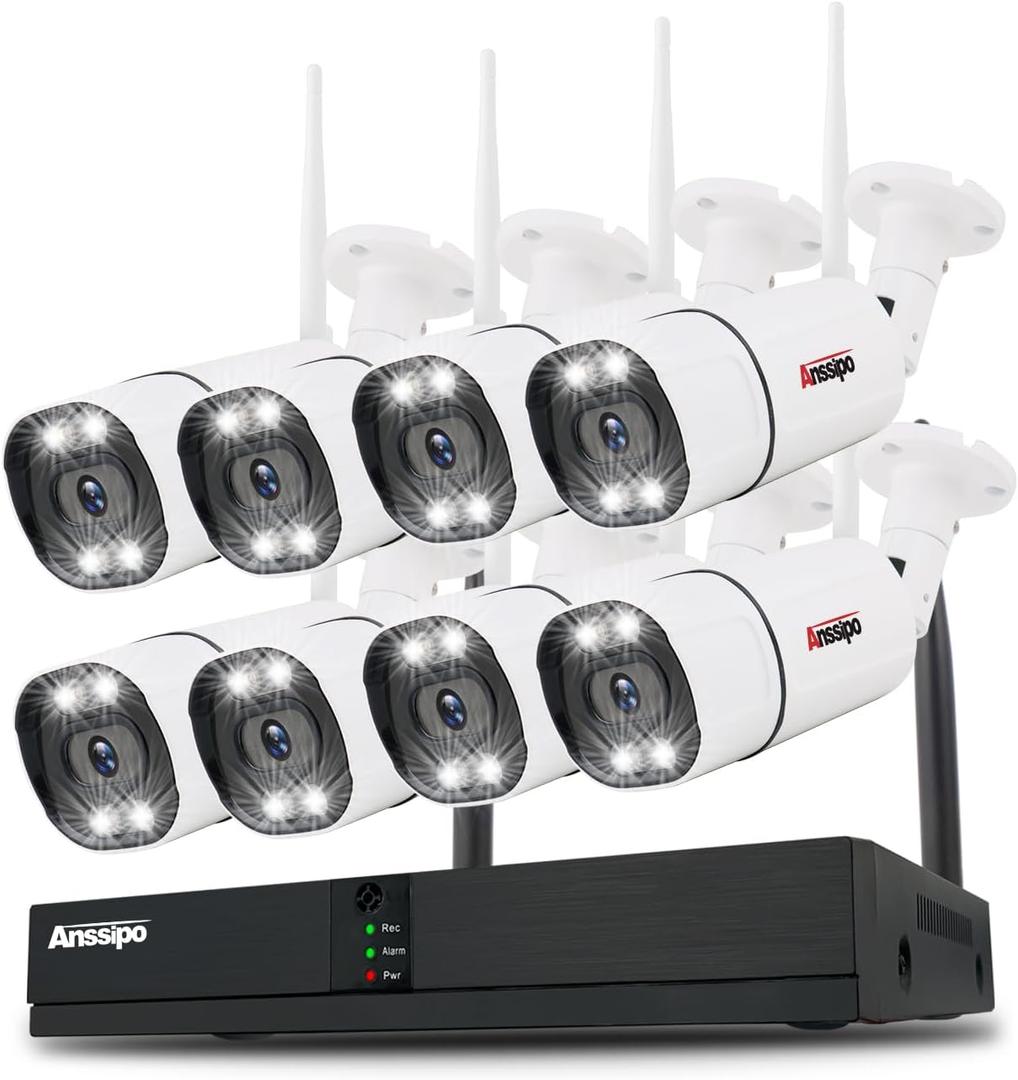 Anssipo 8 Channel Security Camera System Wireless with Two-Way Audio/AI Face/Motion Detection/Color Night Vision, 8X 3MP WiFi Surveillance Cameras Indoor Outdoor, H.265+ 8CH WiFi NVR, NO Hard Drive