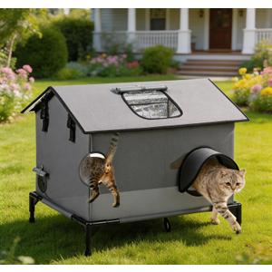 Extra Large Outdoor Cat House, Weatherproof Insulated Indoor Outside Multi-Cat House with Escape Door & Elevated Base, Waterproof Shelter for Feral Stray Barn Cats