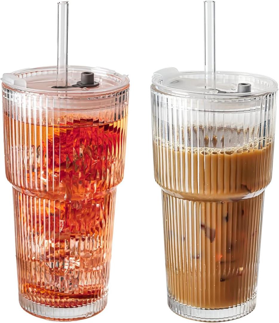20oz Ribbed Glass Tumblers with Lids & Straws, Ideal for Iced Coffee, Cocktails & More - Includes Cleaning Brush (2pack)