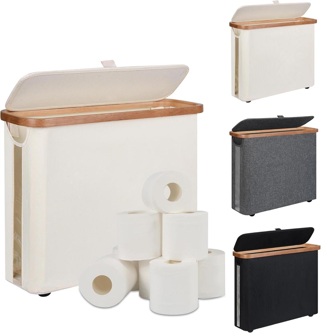 Toilet Paper Storage Basket with Lid - The Ultimate Bathroom Organizer, Free Standing Toilet Paper Holder for Up to 9 Mega Rolls, Toilet Tissue Storage Bin with Handle for RV Closet, Beige (23L)