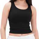 Women's Sleeveless Full Length Ribbed Fitted Racerback Workout Crew High Neck Basic Tank Top - (Black,L)