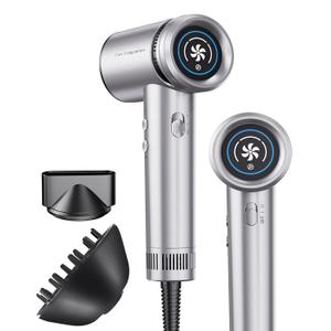 Hair Dryer - High-Speed 150,000 RPM Hairdryer for Fast Drying, 500Million Negative Ionic & Thermo-Control & Cool Shot Button & Lightweight & HD Display Blow Dryer with Magnetic Diffuser & Nozzle (Metal Silver Grey)