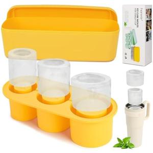 Pack Of 2 Ice Cube Tray Compatible with Stanley Cup,Silicone Ice Cube Molds with Lid & Bin,3 Hollow Cylinder Ice Mold for Chilling Cocktails, Coffee,Ice Drink, Juice, Whiskey (Yellow)