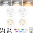4-Pack Puck Lights with Remote, 1800mAh Rechargeable Under Cabinet Lighting, 3 Color Temps & 7 RGB Colors, Long-Lasting Dimmable Stick-On Lights for Cabinet, Kitchen, Shelf, Party (White)
