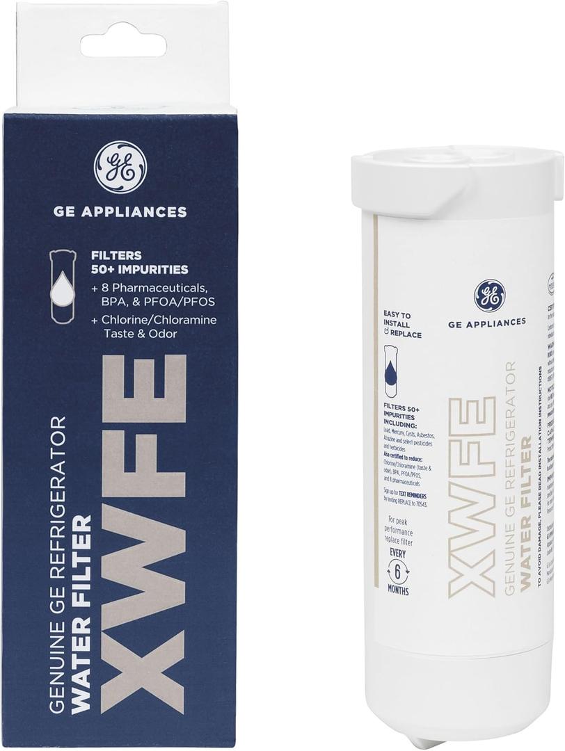 GE XWFE Refrigerator Water Filter, Genuine Replacement Filter, Certified to Reduce Lead, Microplastics, PFOA/PFOS, and 50+ Other Impurities, Compatible with GE Appliances Brands, Pack Of 1