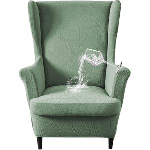 Waterproof Wingback Chair Cover, Stretch Jacquard Wing Chair Slipcovers 2 Piece, Wingback Armchair Sofa Slipcover Super Soft Fabric Furniture Protector with Elastic Bottom for Living Room Bedroom
