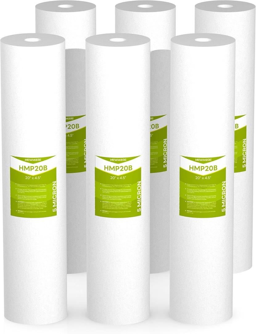 5 Micron Whole House Water Filter Cartridge, Sediment Filters for Well Water, Universal Replacement for Any 20 inch Big Housings - 20" x 4.5" Cartridges - Pack of 6