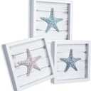 Tide and Tales 3D Starfish Wall Art (Framed Set of 3) Coastal Theme Wall Hanging Decoration for Bathroom or Tropical Bedroom, Ocean Inspired Seashell Decor for Home or Beach House (7"x 7")