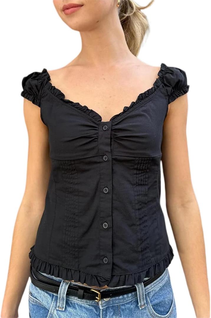 Women's Summer Button Down Crop Tops Cap Sleeve Y2k Slim Fitted Shirts Babydoll Coquette Tops Blouse (Medium, Black)