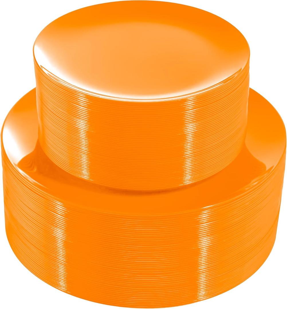 PULOTE 100PCS Orange Plastic Plates - Premium Hard Orange Plates Disposable Include 50pcs 10.25 Inch Orange Dinner, 50pcs 7.5 Inch Orange Dessert/Salad,Ideal for Party