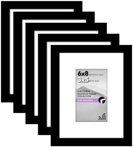 Americanflat 6x8 Picture Frame with Polished Plexiglass - Set of 5 - Use as 3x5 Frame with Mat or Display 6x8 Photo Without Mat - Galleria Collection - Picture Frames for Tabletop and Wall - Black