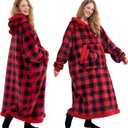 Giggling Getup Wearable Blanket Hoodie for Women Men Gifts for Women Sherpa Fleece Long Hooded Blanket Sweatshirt Cozy Sherpa Wearable Throw with Pocket Sleeves for Adult Standard Red and Black Plaid