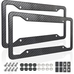 Carbon Fiber License Plate Frames- 2 Pack Black Aluminum Front & Rear Auto Car Tag Holder, Heavy Duty Bracket with Mount Hardware, Screws Caps, Rattle Proof Pads (Carbon Pattern