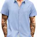 HUNGSON Men's Button Down Shirts Short Sleeve Casual Shirts Summer Beach with Pocket (X-Large, Blue2025)