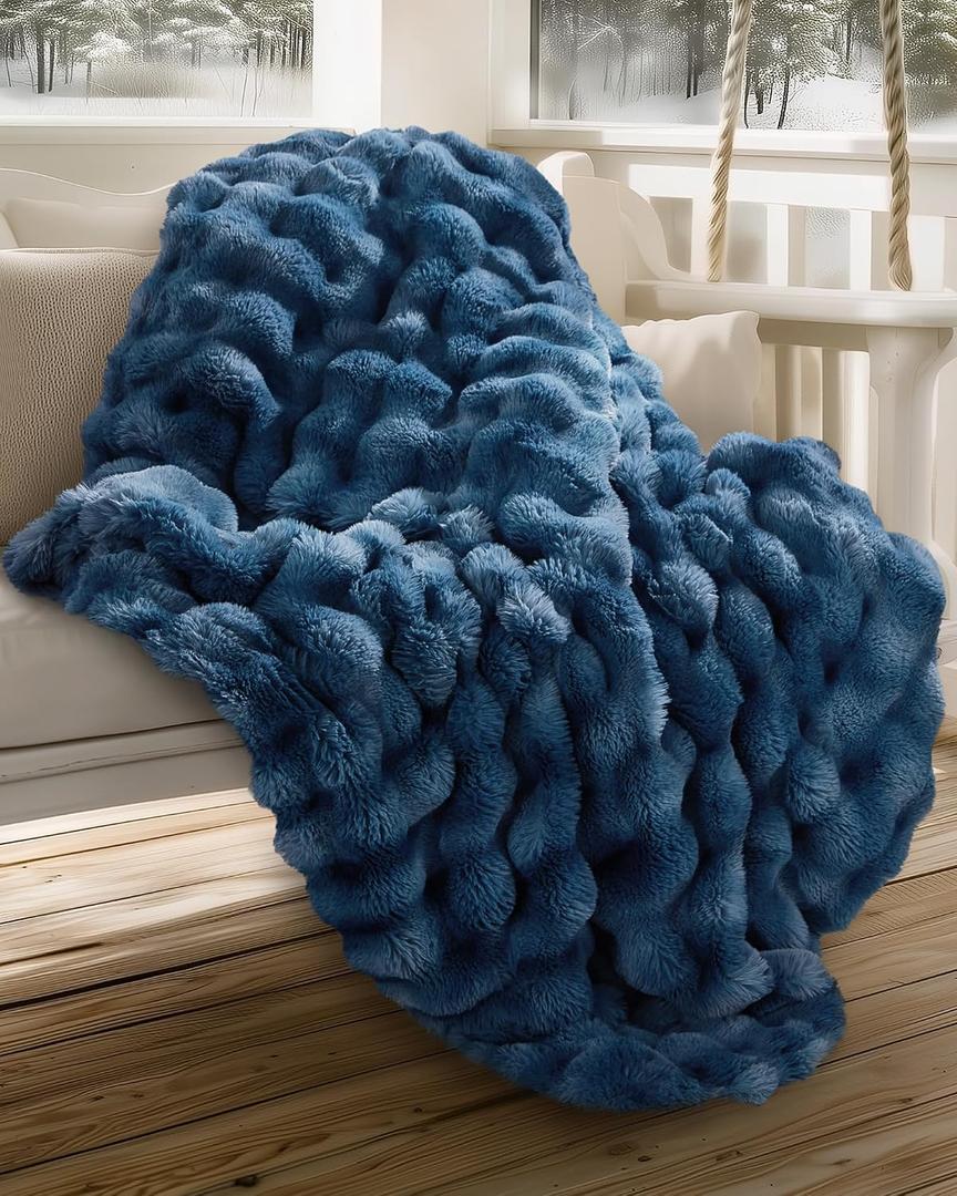 blunique Ultra Soft Cozy Faux Fur Throw Blanket, Fuzzy Plush Thick Bubble Blanket, Oversize Luxury Fluffy Blanket for Couch, Sofa, Bedroom, and Living Room,50x60 Inches,Blue