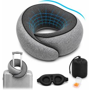 Travel Neck Pillow, Neck Support Pillow with Memory Foam, Breathable Skin Friendly Cover, Removable Washable Case, with Eye Mask Earplugs & Portable Storage Bag for Travel,Grey