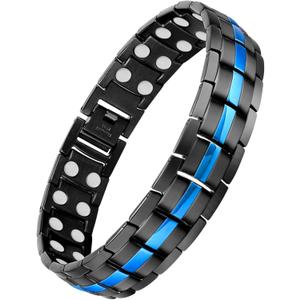 Feraco Magnetic Bracelet for Men Titanium Steel Bracelets with Double Row Magnets Adjustable (Black & Blue)