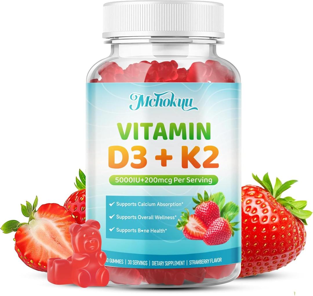 Vitamin D3 K2 Gummies 5000IU Sugar Free Supplement, 60 Count