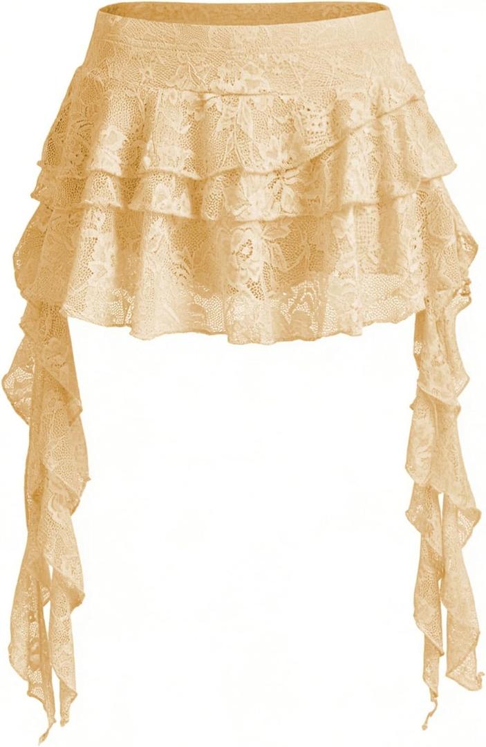 Women's Y2K Mini Skirt Ruffle Lace Asymmetrical Cute Skirts Layered Flowy Pleated Skort with Shorts for Concert Party (Yellow, XL)