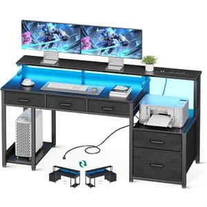 AODK 55 Inch Computer Desk with 3 Drawers and File Cabinet for Storage, Office Desk with Monitor Stand and LED Lights, Home Office Desks, Black