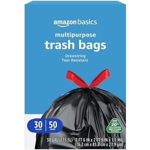 Amazon Basics 30 Gallon Multipurpose Drawstring Trash Bags, 20% Post Consumer Recycled, 50 count