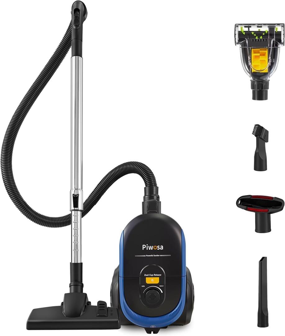 Aircliff Piwosa Canister Vacuum Cleaner, 17KPA Suction Vac for Carpets/Hard Floors, Lightweight Bagless Canister Vacuum with HEPA, 2 Motor System, and 3 Cleaning Tools (Black)