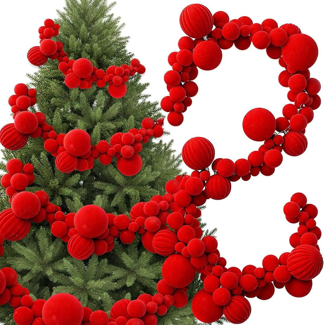 6Ft Large Velvet Christmas Ball Garland Ornament Velvet Xmas Jumbo Hanging Decoration Balls Flocking Christmas Ornaments for Indoor Outdoor Home Decor Party Supplies(Red)