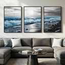 Framed Coastal Wall Art for Living Room, 3 Piece Ocean Beach Canvas Artwork for Walls, Seascape Pictures Print for Dining Room Office Hallway Wall Decor, 24x36 Inch, 24" W x 36" H x 3Pcs