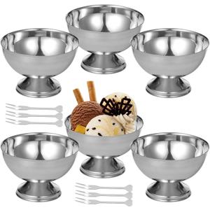 Stainless Steel Ice Cream Cup, 200ml Stainless Steel Ice Cream Bowl with Forks, 6 Pcs Silver Ice Cream Bowls, Silver Coupe Glasses for Sundae Fruit Ice Cream Pudding Sauce, Dishwasher Safety
