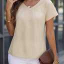 Falechay Women's Blouses Summer Short Sleeve Boho Tops V Neck Pleated Casual Flowy Loose Fit Cute Basic Tunic (L)
