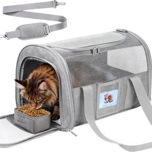 Soft Cat Carrier for Pets Up to 15 lbs, TSA Approved for Airline in-Cabin, Cat Travel Bag with Detachable Cat Food Bowl, Pet Carriers for Small Dogs, Waterproof Travel Puppy Carry, Gray