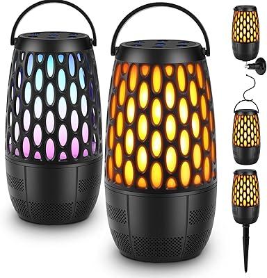 Outdoor Speakers, Portable Wireless Speaker with Flame Lights, Multi-Sync up to 100 Speakers Auto-Pairing HD Stereo Sound Waterproof, Hook for Patio Yard Porch, Gifts for Men Women