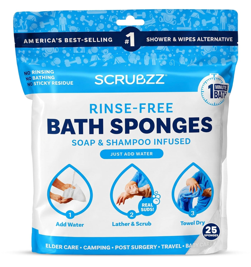 Scrubzz Disposable Rinse Free Bathing Wipes - 25 Pack - All-in-1 Single Use Shower Wipes, Simply Dampen, Lather, and Dry Without Shampoo or Rinsing