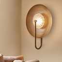 Round Brass Wall Sconce  Artistic Mid-Century Modern LED Wall Light with Fluted Glass Shade, Dimmable Hardwired Indoor Light Fixture for Bedroom, Bathroom, Hallway