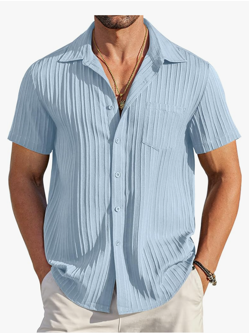 COOFANDY Men's Casual Button Down Shirts Short Sleeve Textured Summer Beach Shirt with Pocket, Medium