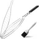 Fish Grill Basket, Large Fish Grilling Rack for Grill Fish Vegetables Shrimp, Folding Stainless Steel Grill Basket with Removable Wooden Handle & Basting Brush