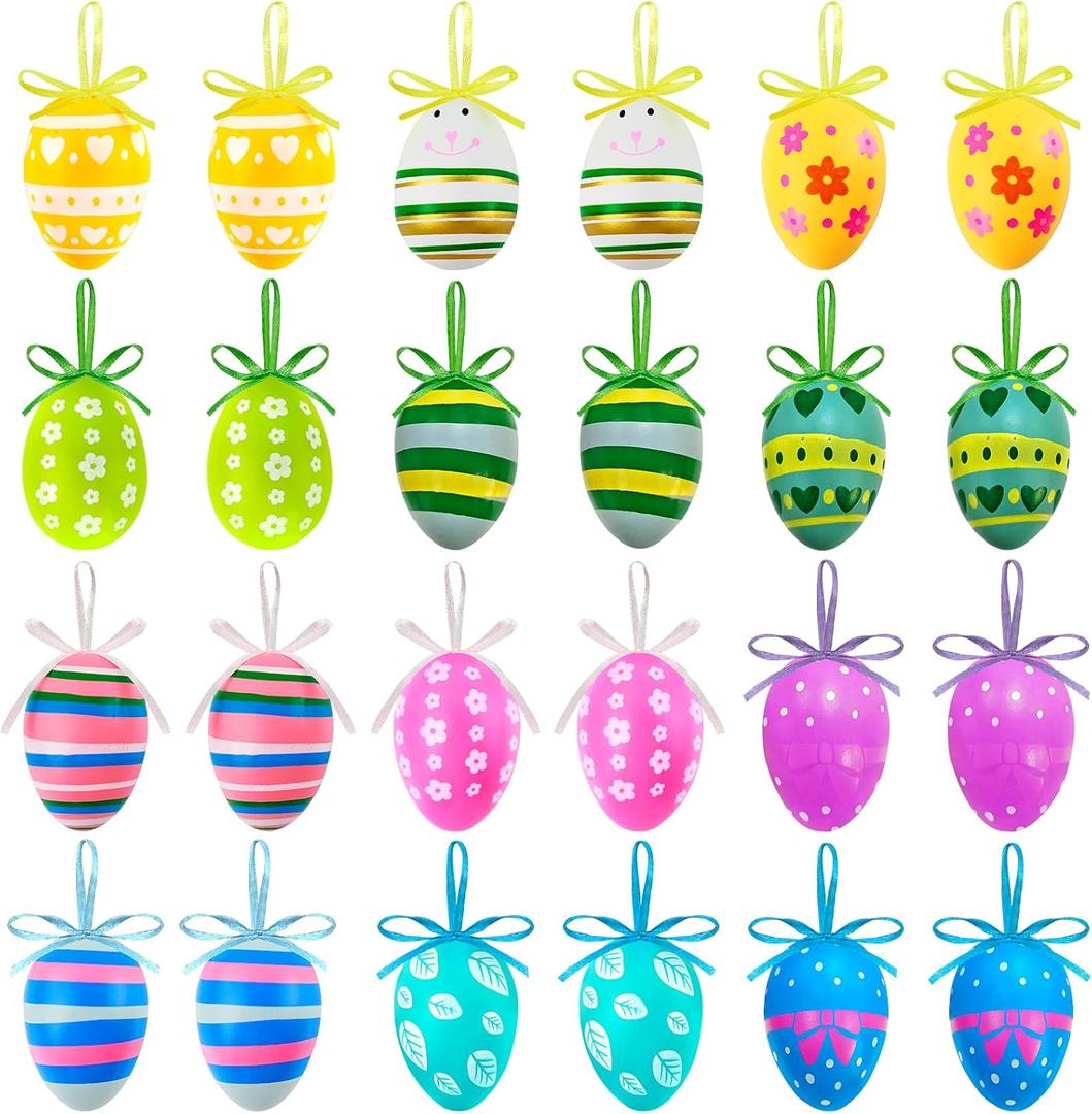 Easter Eggs Hanging Ornaments 24 Pcs Easter Decorations Hanging Eggs | Colorful Pastic Decorative Egg Tree Oranments Hand Painted Ball Egg for Spring Farmhouse Home Tree Basket Filler Decor