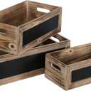 Farmhouse Wood Decorative Storage Crate Box with Handles Rustic Torched Wooden Nesting Box Open Top Organizer Bin with Erasable Chalkboard Front Panel and Two Cutout Oval Handles (Burnt Wood)