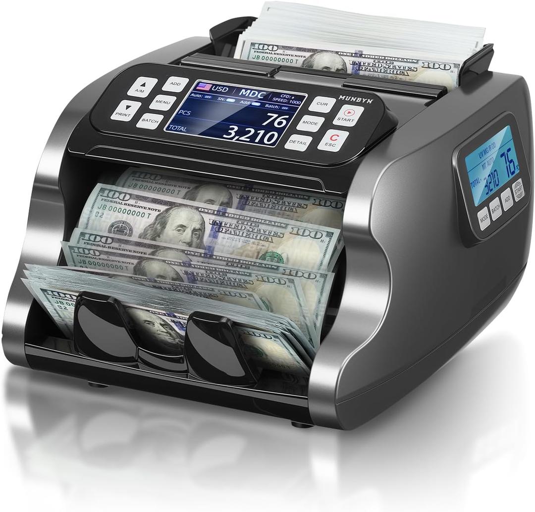 MUNBYN IMC22 Money Counter Machine Mixed Denomination, Dual-Display, CIS/UV/IR/MG Counterfeit Detection Bill Counter, USD, MXN, EUR, CAD Cash Counter for Business, Merchant, 2Y Protect (Black)