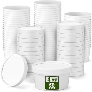 Fulmoon 50 Pack 4 oz Paper Soup Containers with Lids, Disposable Kraft Paper Soup Cups Ice Cream Bowls Food Storage with Lids, Microwavable and Freezer Safe (White)