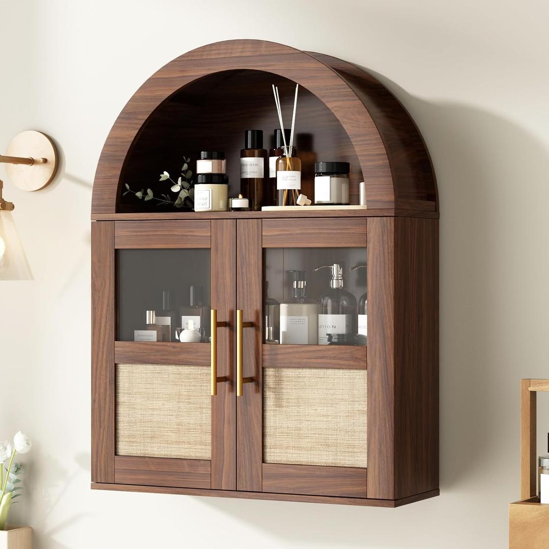 RUSTOWN Arched Bathroom Wall Cabinet, Rattan Medicine Cabinet with 2 Glass Doors, Farmhouse Over the Toilet Storage Cabinets with Adjustable Shelves, 3-Tier Wall Mounted Cabinets