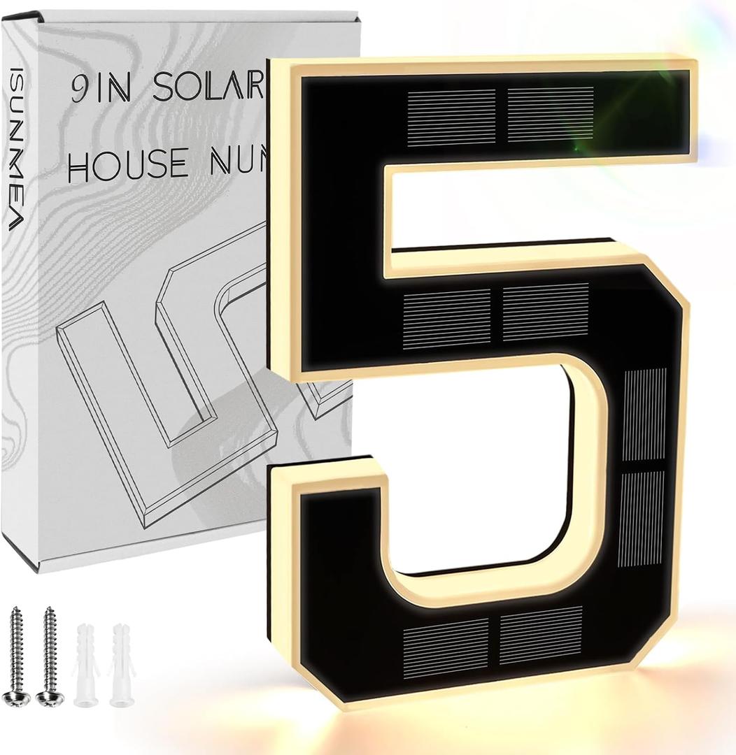 ISUNMEA 9 Inch Solar Lighted House Numbers for Outside, Light Up Waterproof LED Address Numbers Signs for Houses, Large Personalized Illuminated Exterior Modern House Numbers Light (5-Black, 9IN)